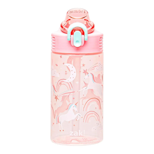 Water Bottle for School or Travel, 16Oz Durable Plastic Water Bottle with Straw, Handle, and Leak-Proof, Pop-Up Spout Cover (Fanciful Unicorn)
