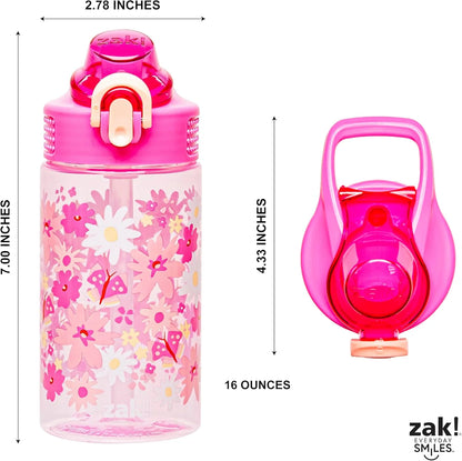 Water Bottle for School or Travel, 16Oz Durable Plastic Water Bottle with Straw, Handle, and Leak-Proof, Pop-Up Spout Cover (Flower Power)