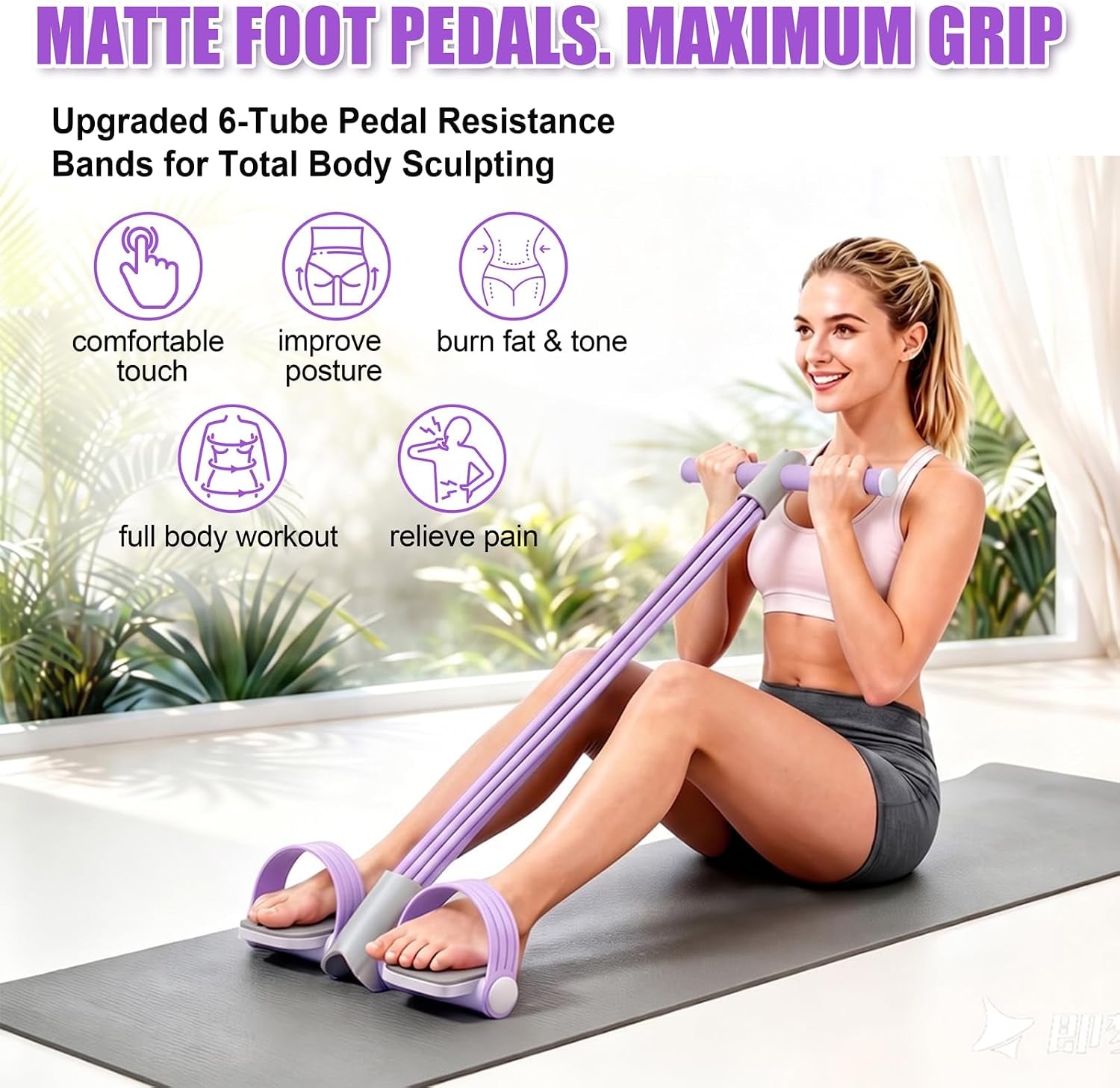 Upgraded Foot Pedal Resistance Band with Handle, 6-Tube Elastic Resistance Bands for Home Workout, Multifunction Exercise Equipment for Abdomen, Core/Abs, Waist, Arm, Leg