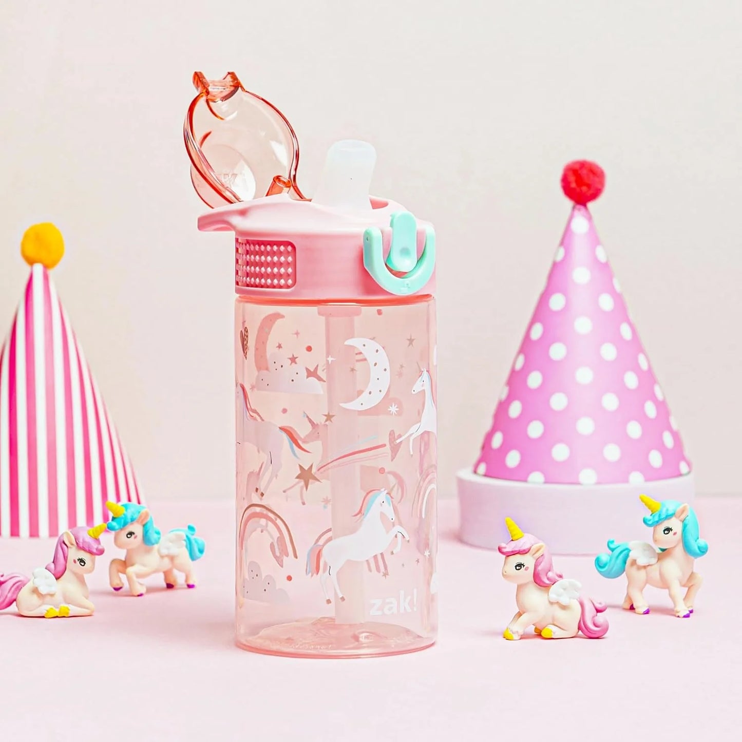 Water Bottle for School or Travel, 16Oz Durable Plastic Water Bottle with Straw, Handle, and Leak-Proof, Pop-Up Spout Cover (Fanciful Unicorn)