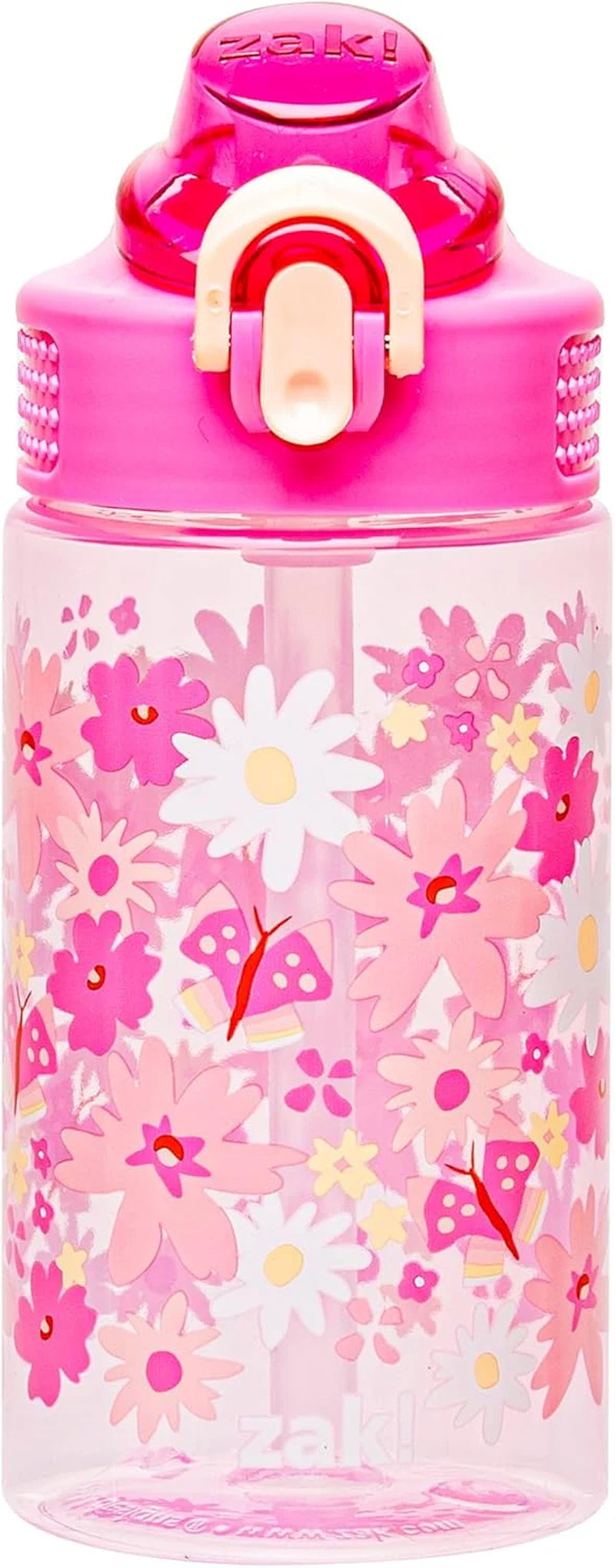 Water Bottle for School or Travel, 16Oz Durable Plastic Water Bottle with Straw, Handle, and Leak-Proof, Pop-Up Spout Cover (Flower Power)