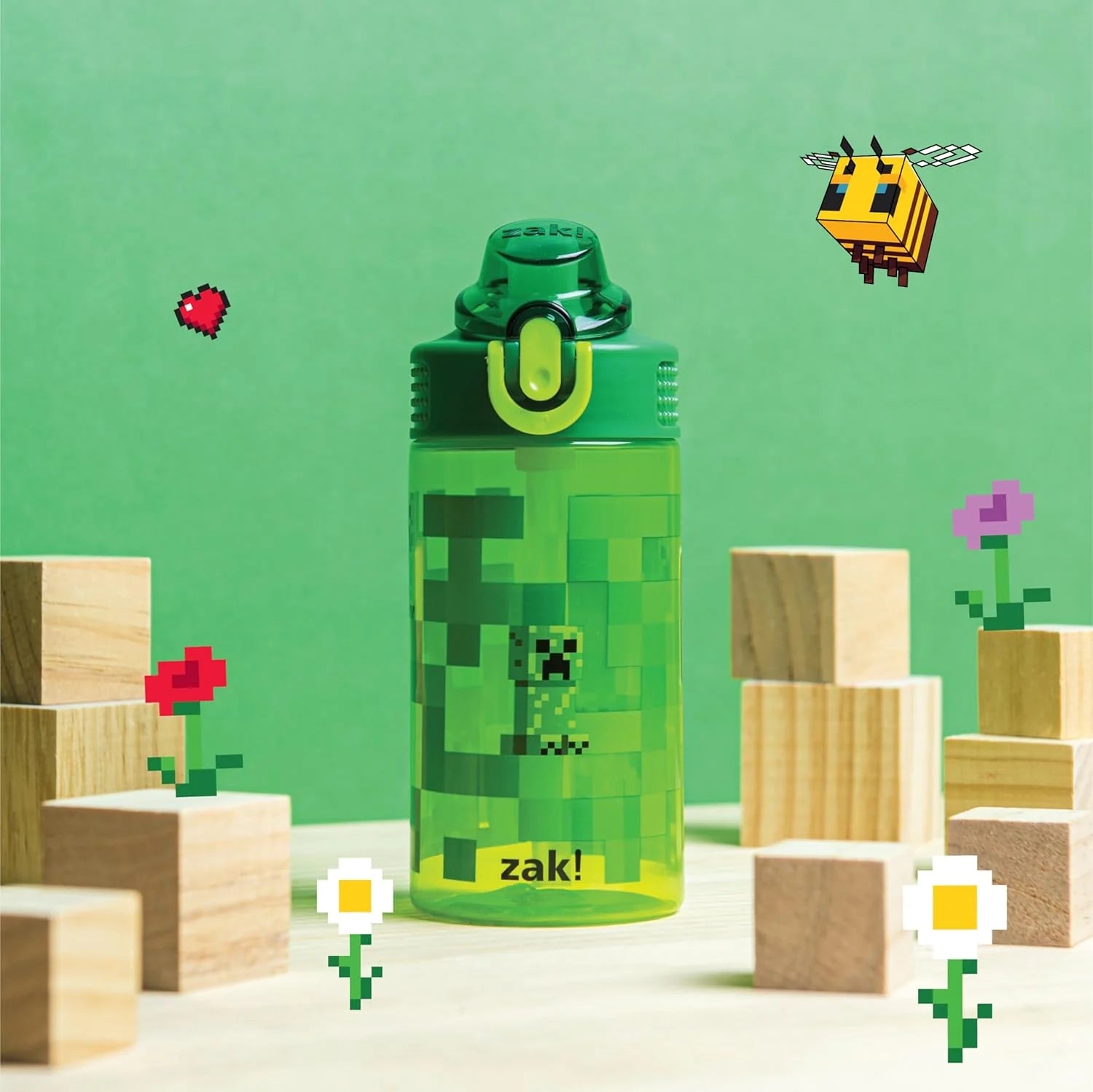 Minecraft Kids Water Bottle for School or Travel, 16Oz Durable Plastic Water Bottle with Straw, Handle, and Leak-Proof, Pop-Up Spout Cover