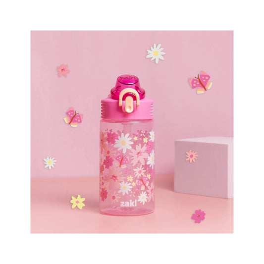 Water Bottle for School or Travel, 16Oz Durable Plastic Water Bottle with Straw, Handle, and Leak-Proof, Pop-Up Spout Cover (Flower Power)