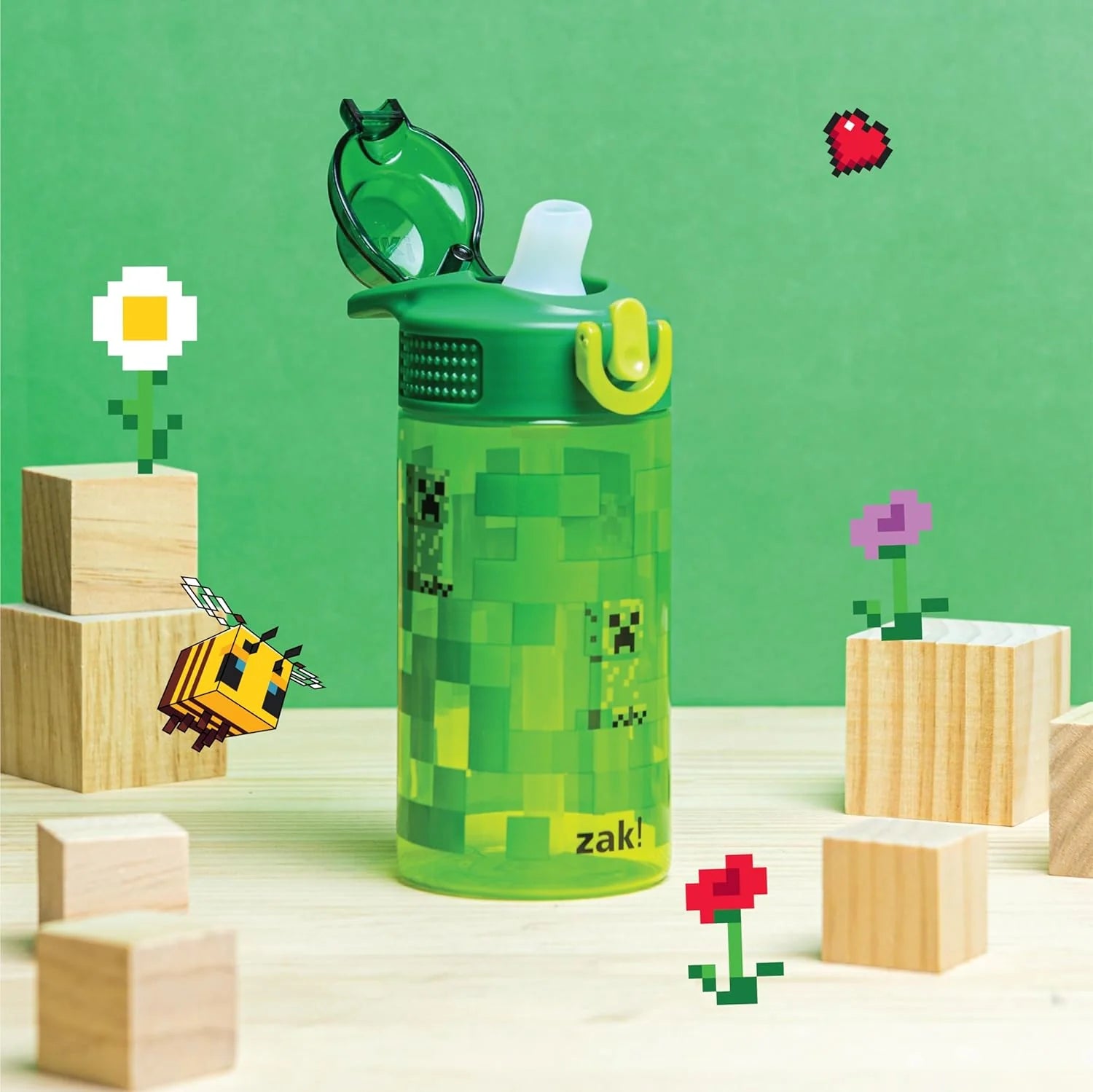Minecraft Kids Water Bottle for School or Travel, 16Oz Durable Plastic Water Bottle with Straw, Handle, and Leak-Proof, Pop-Up Spout Cover