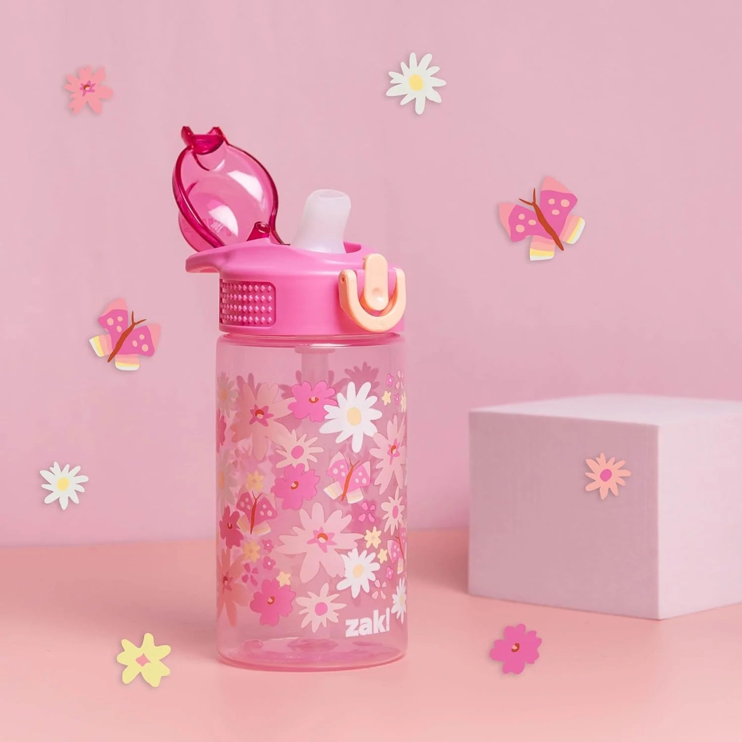 Water Bottle for School or Travel, 16Oz Durable Plastic Water Bottle with Straw, Handle, and Leak-Proof, Pop-Up Spout Cover (Flower Power)