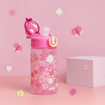 Water Bottle for School or Travel, 16Oz Durable Plastic Water Bottle with Straw, Handle, and Leak-Proof, Pop-Up Spout Cover (Flower Power)