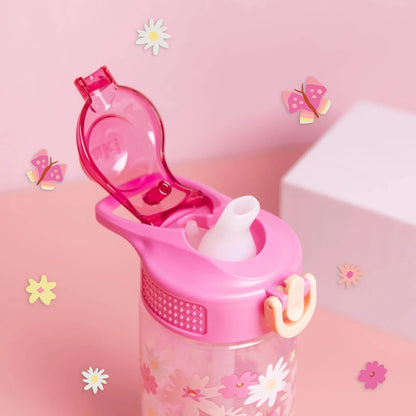 Water Bottle for School or Travel, 16Oz Durable Plastic Water Bottle with Straw, Handle, and Leak-Proof, Pop-Up Spout Cover (Flower Power)